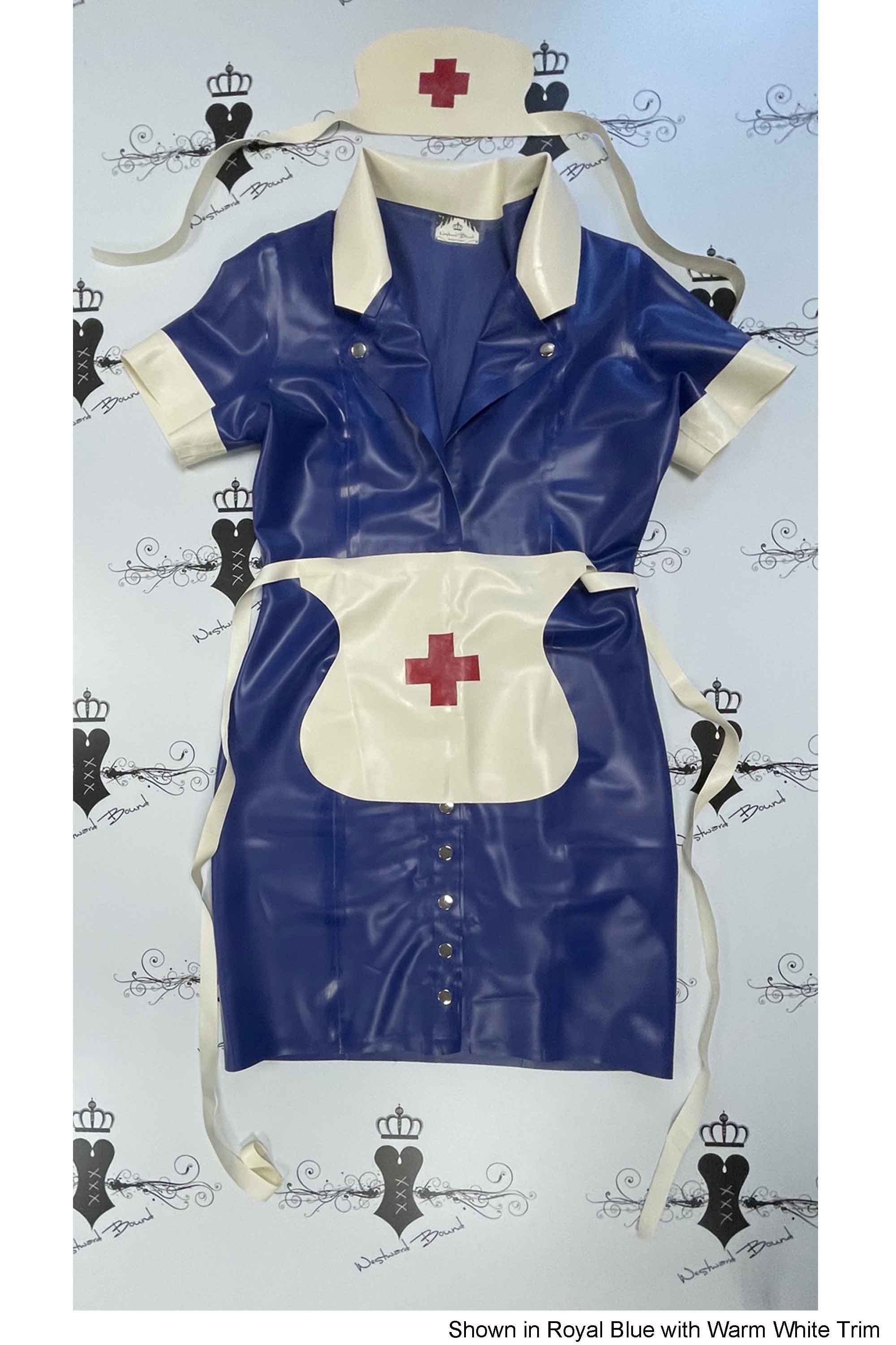 Nymph Nurse Medical Fetish Latex Kinky Uniform With Apron And Hat